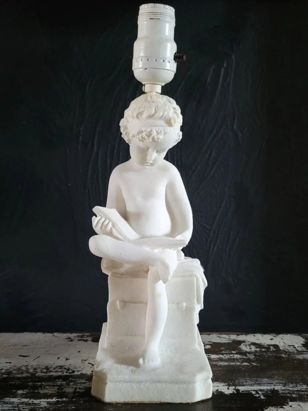 Vintage White Alabaster Sculpture Lamp Of Child Scribe After Canova 12.5 Inches